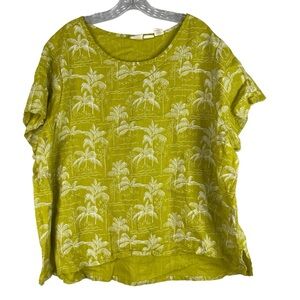 C&C California Top Women’s 2X Lime Green Palm Tree Print Linen Boxy Tropical